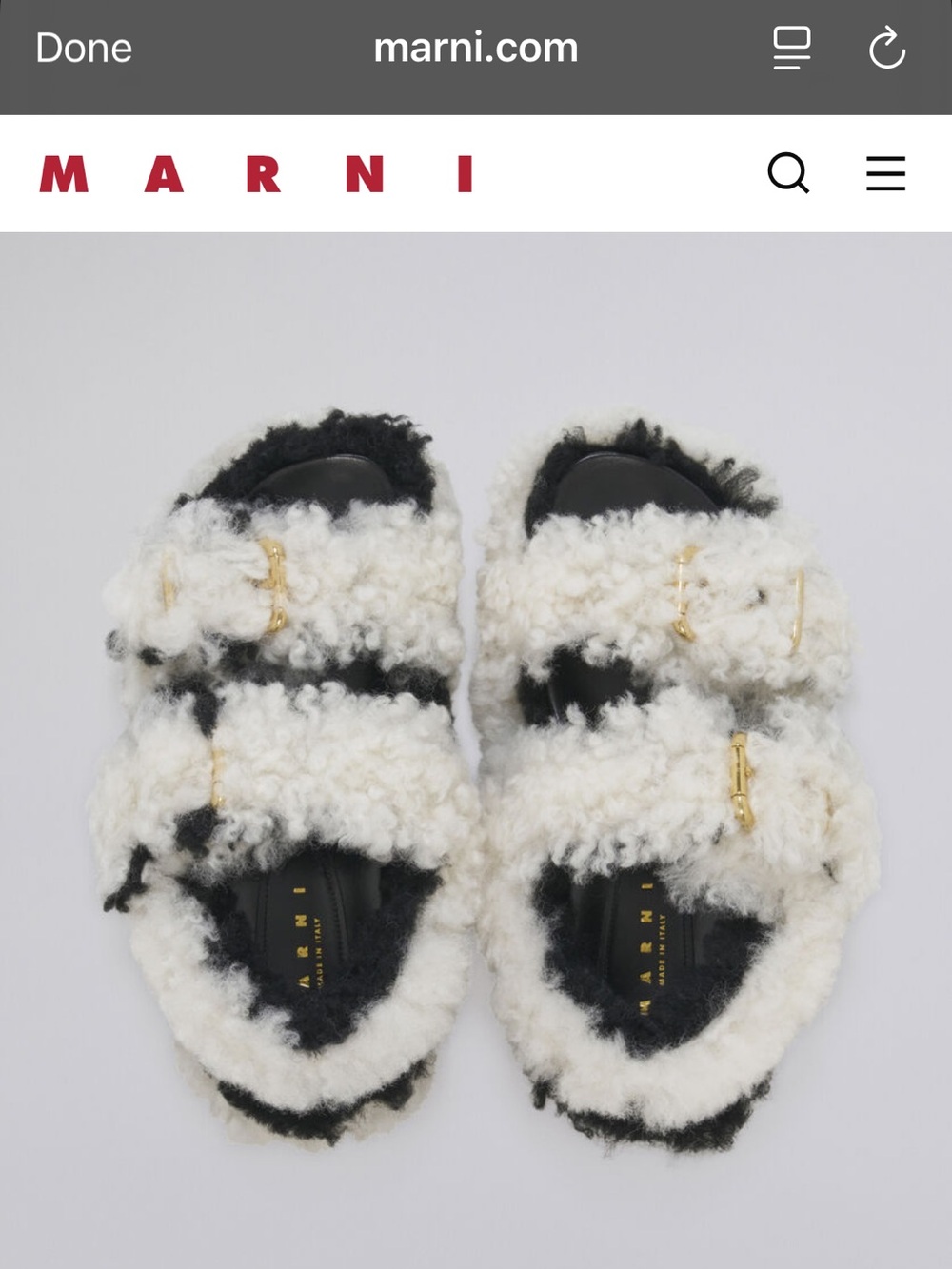 Marni Natural White / Black Shearling Fussbett Sandals Gold Buckles EU 37